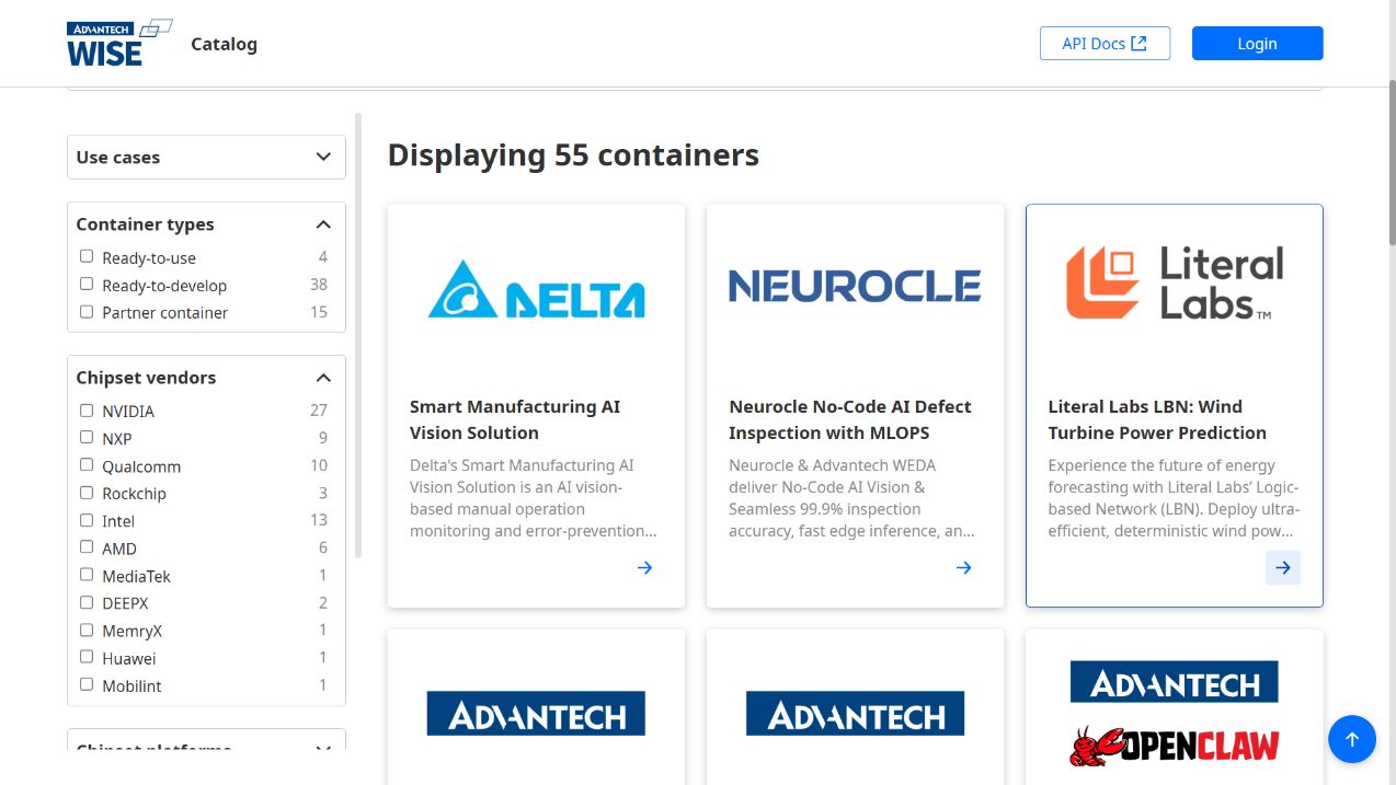 ACC listing with the Container types filters Ready-to-use, Ready-to-develop and Partner container, chipset vendor filters and application cards.
