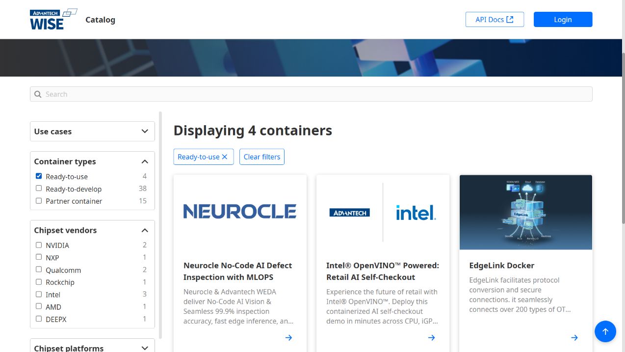ACC filtered by Ready-to-use, showing the selected filter and application cards including Intel OpenVINO Retail AI Self-Checkout.