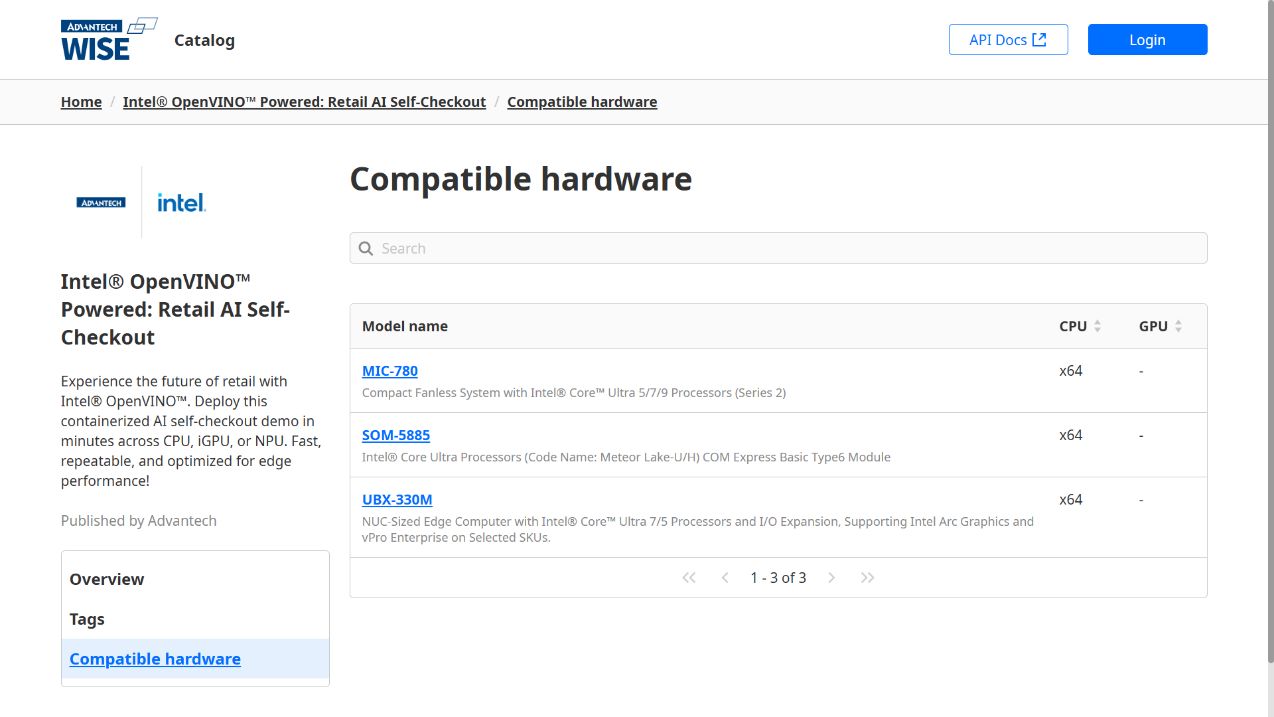 Retail AI Self-Checkout Compatible hardware page listing MIC-780, SOM-5885 and UBX-330M with x64 CPU entries.