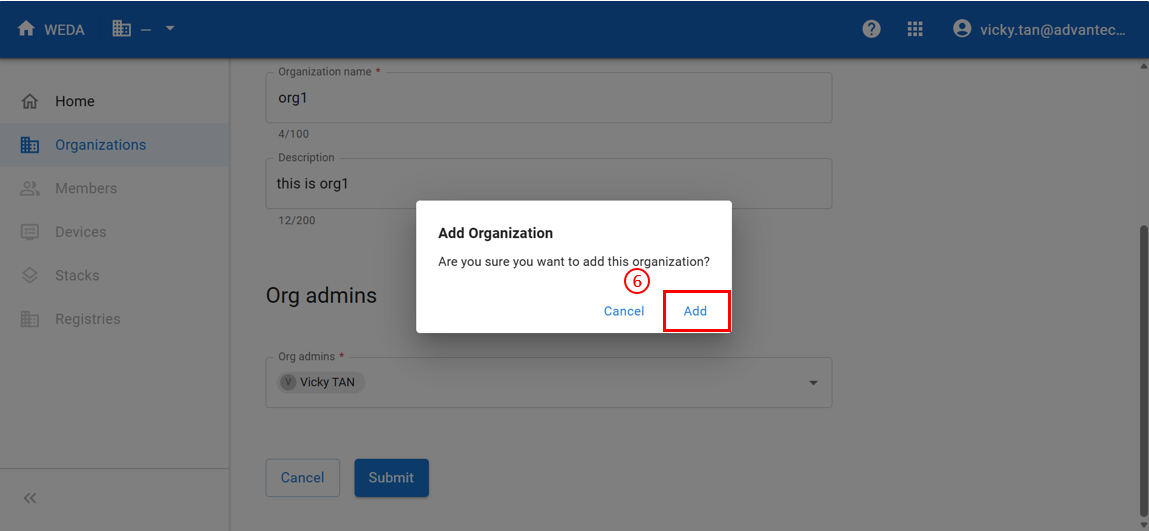 Add organization - confirmation dialog