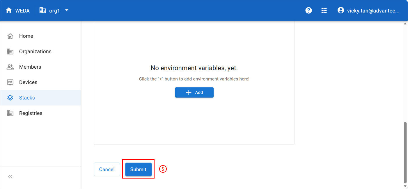 Add container stack - Submit button