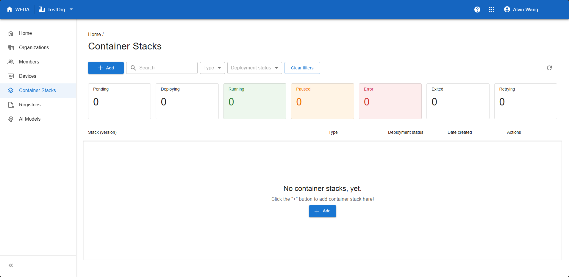 Container Stacks list in TestOrg with an Add entry before the first Stack is created.