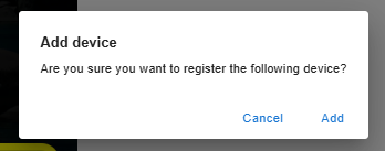 Add device confirmation dialog with Cancel and Add buttons.