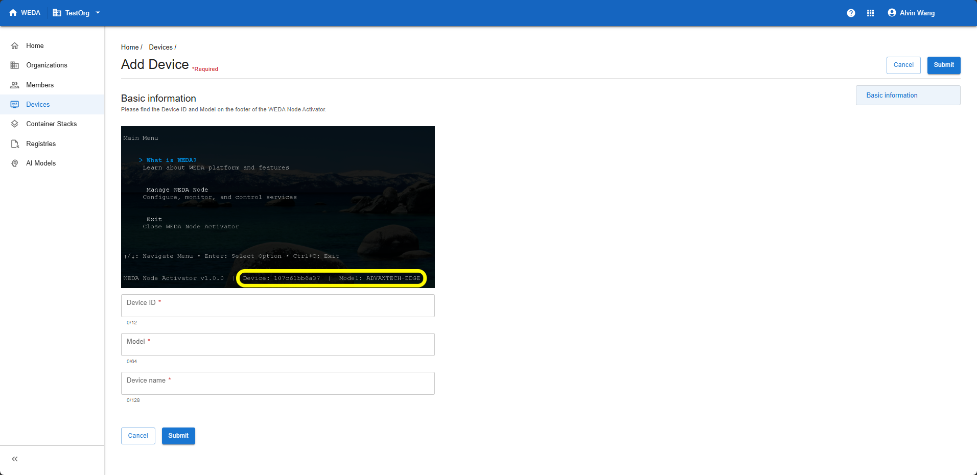 Add Device form with Device ID, Model and Device name fields.