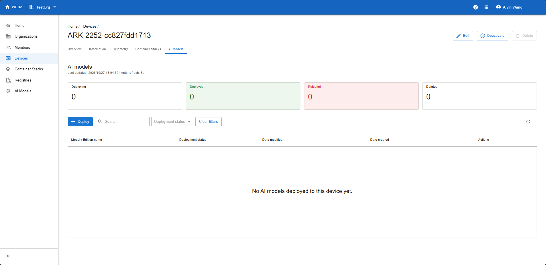 WEDA Node AI Models tab with a Deploy entry and no AI models deployed to this device.