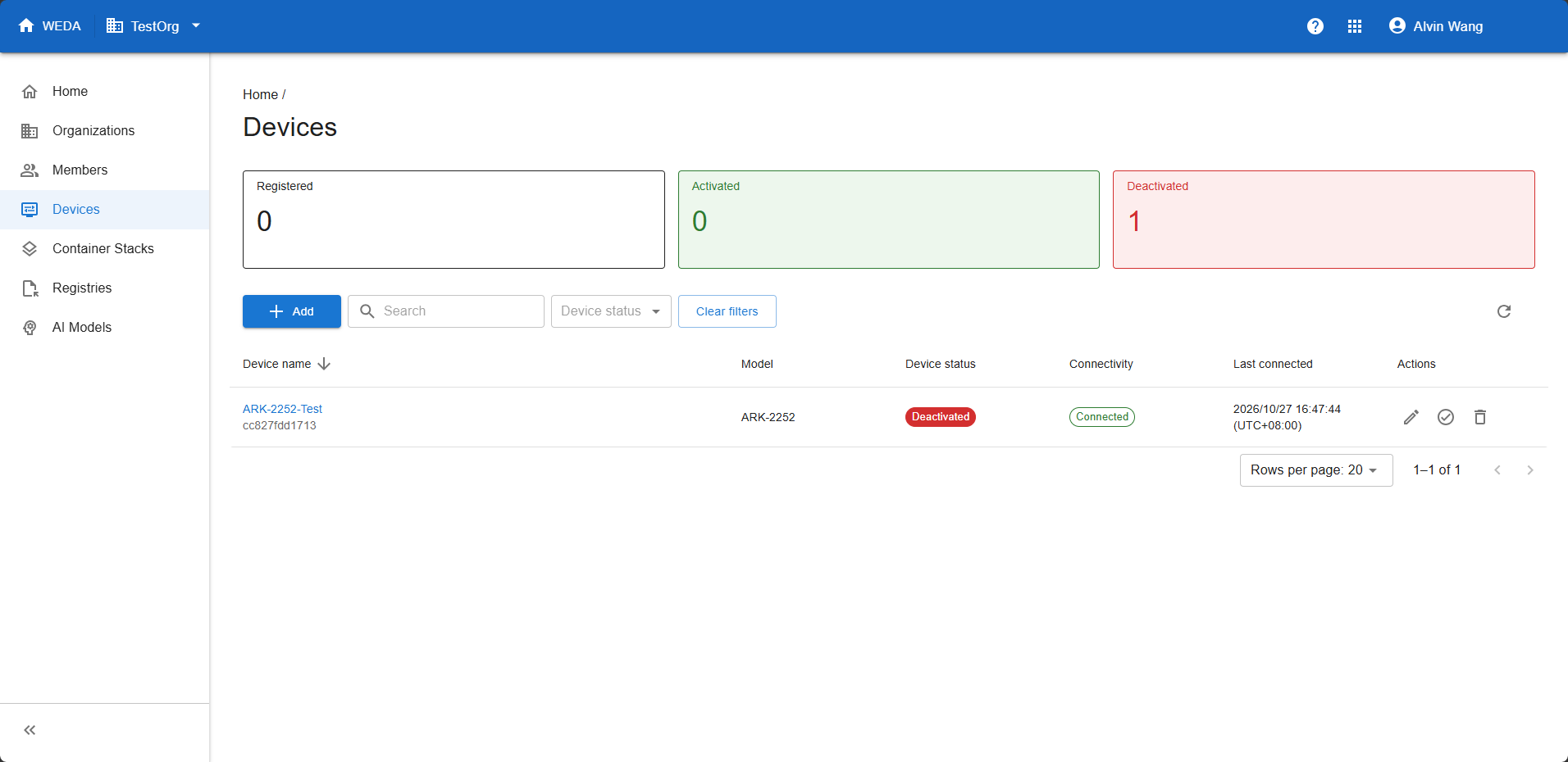 Devices list showing ARK-2252-Test, Device ID cc827fdd1713, with Deactivated status and the Activate and Delete actions available.
