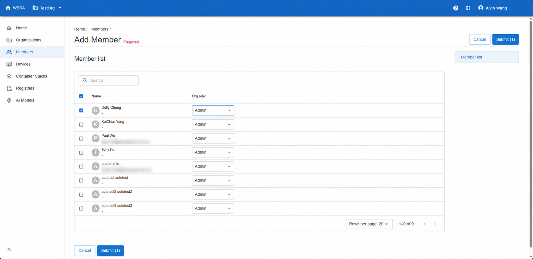 Add Member page with Dolly Cheng selected, Admin as the Org role and Submit (1) buttons; email addresses are blurred.