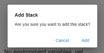 Add Stack confirmation dialog with Cancel and Add buttons.