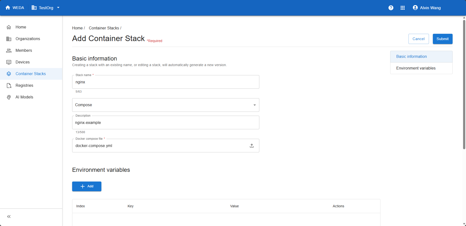 Add Container Stack with name nginx, Compose type, description nginx-example and uploaded docker-compose.yml.