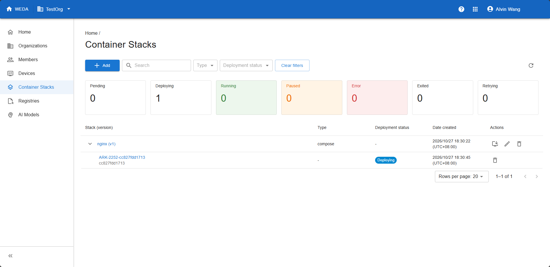 Expanded nginx v1 Stack showing ARK-2252-cc827fdd1713 as Deploying, with Deploying count one and Running count zero.