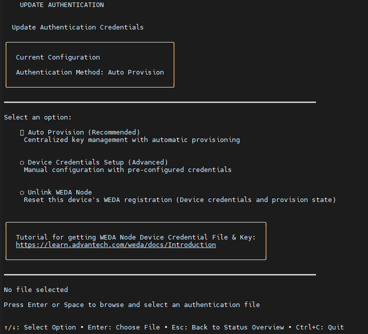 WEDA Node Activator Update Authentication screen with Auto Provision (Recommended), Device Credentials Setup (Advanced), and a file-selection prompt.