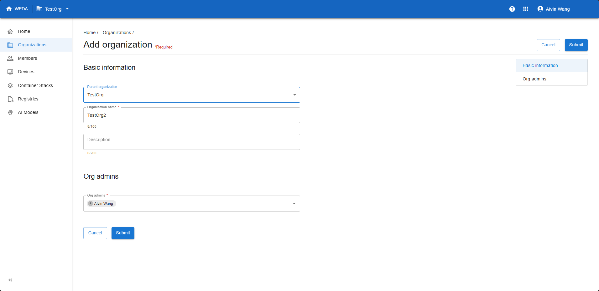Add organization form with TestOrg as the parent, TestOrg2 as the name, an empty Description and an assigned Org admin.