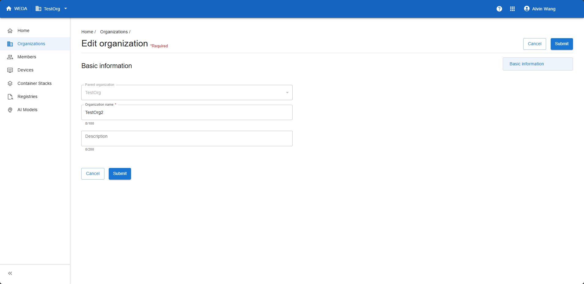 Edit organization form for TestOrg2, with TestOrg as a disabled parent field, editable name and description, and Submit buttons.