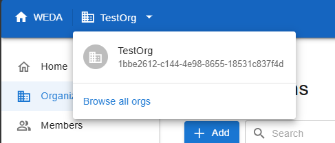 Top-bar TestOrg menu showing the current organization and Browse all orgs.