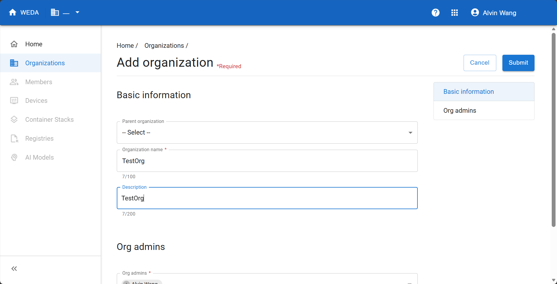 Add organization form with TestOrg entered as the name and description, a parent organization selector, and an Org admins section.