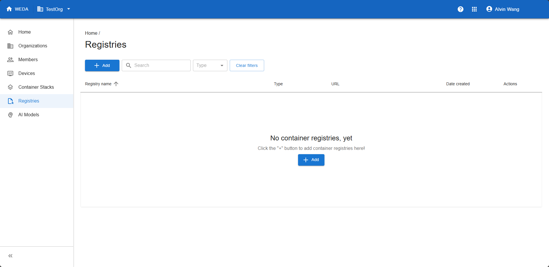 Registries list in TestOrg with no configurations and an Add entry.