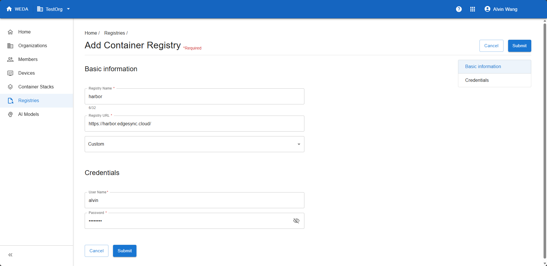 Custom registry form named harbor, with a registry URL, account name and masked password.