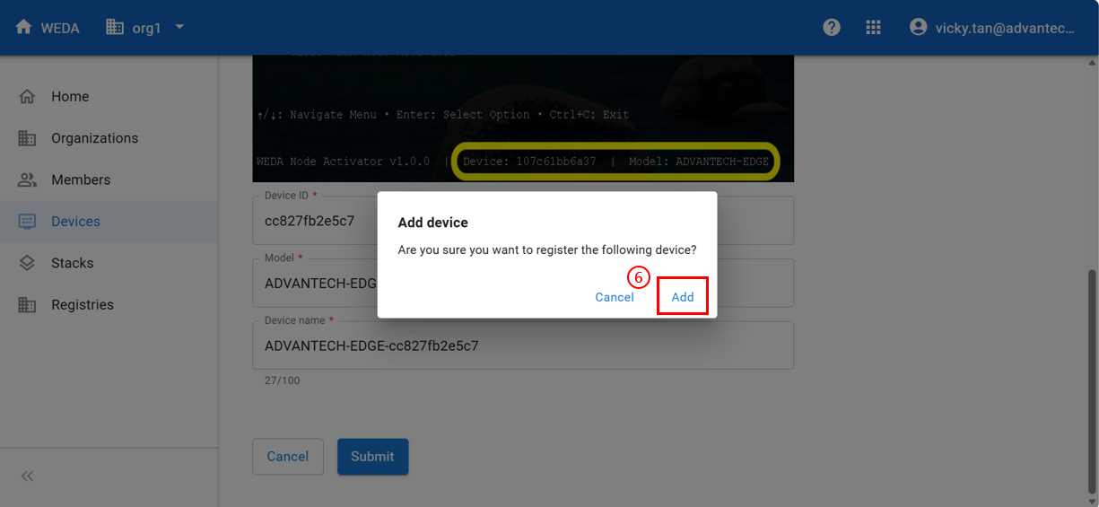Add device - confirmation dialog