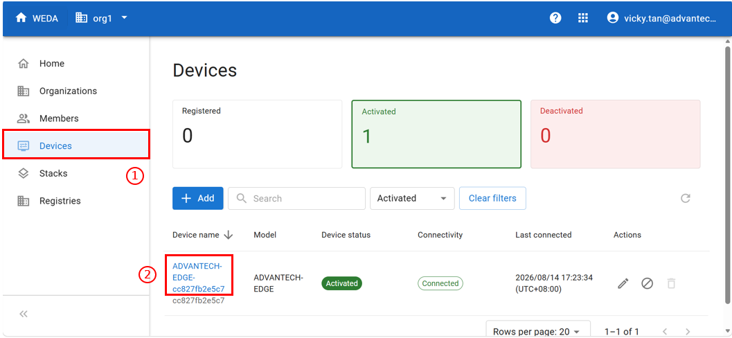Devices list - select a device