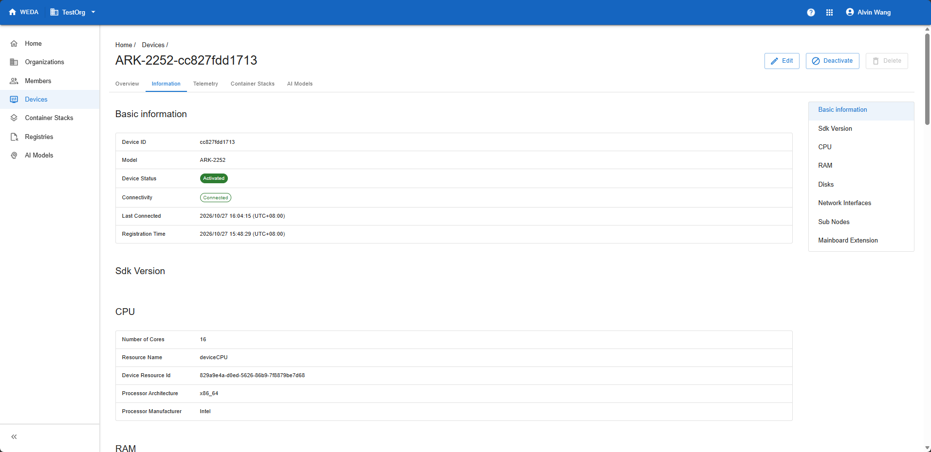 WEDA Node Information tab showing Device ID cc827fdd1713, Model ARK-2252, Activated status, connectivity and CPU information.