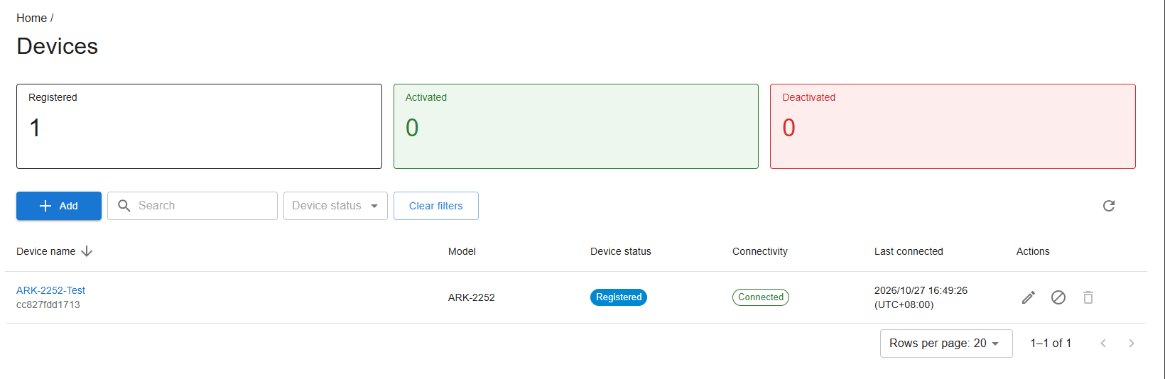 Devices list showing ARK-2252-Test with Registered status immediately after reactivation.