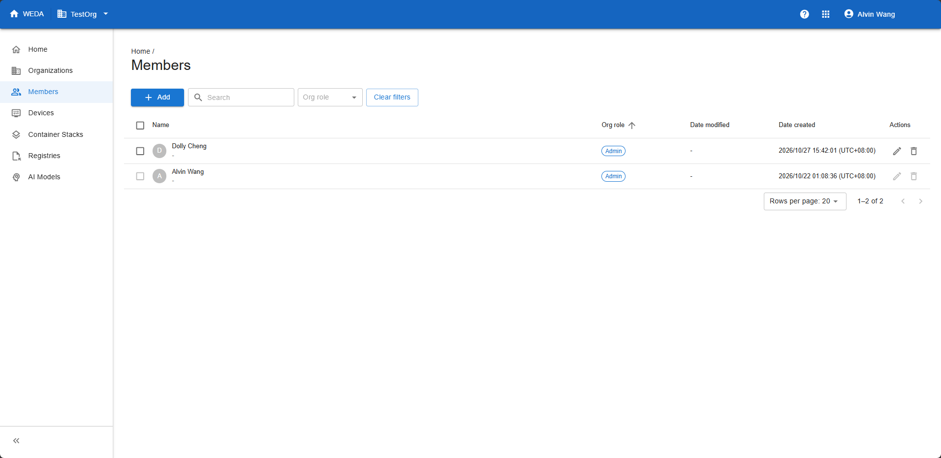 Members page for TestOrg showing Dolly Cheng and the existing member, both with the Admin role.