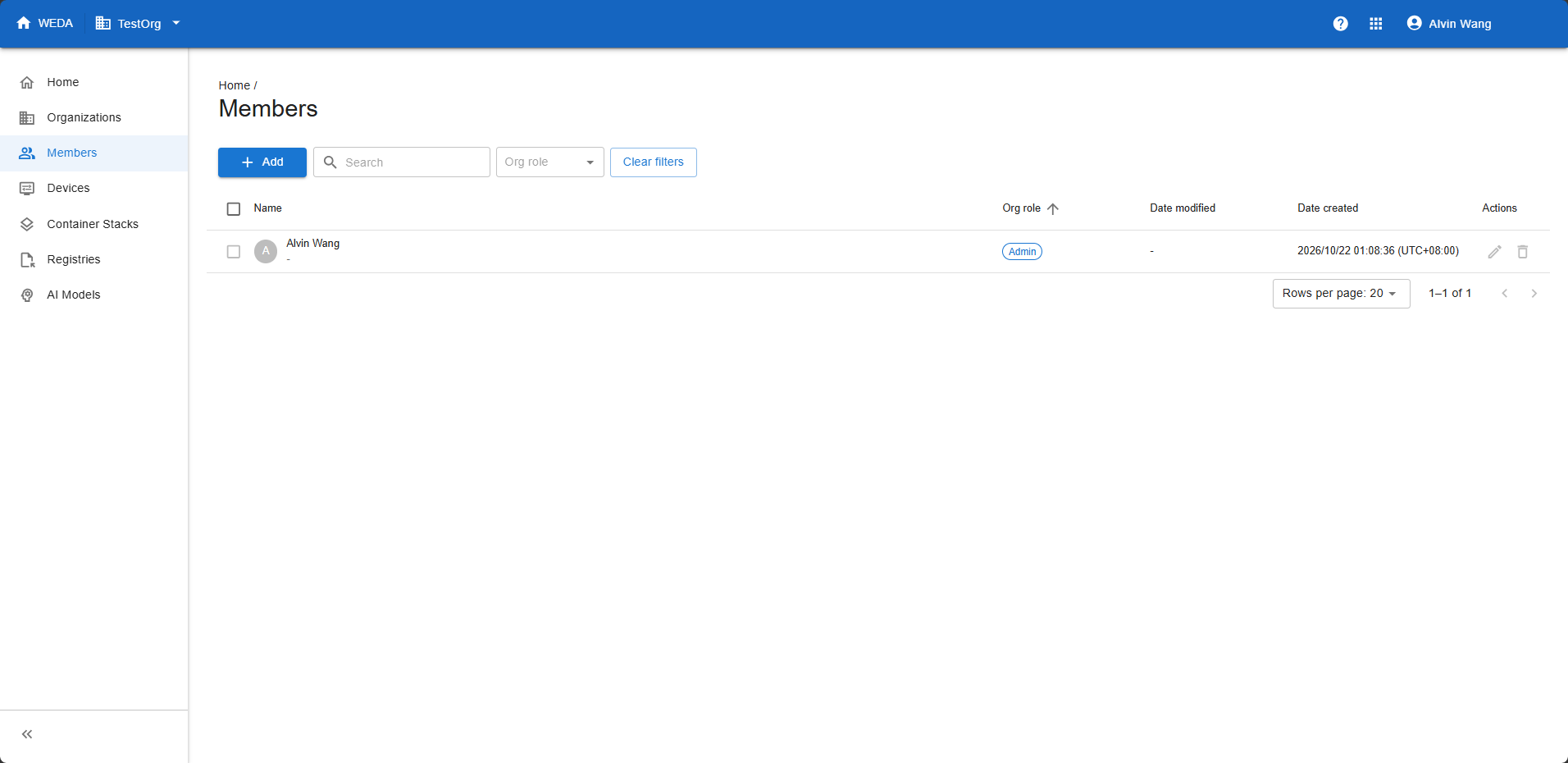 Members page for TestOrg showing one existing member with the Admin role and an Add button.