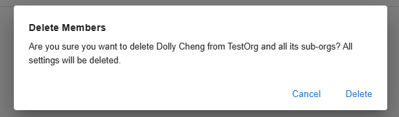 Delete Members confirmation asking whether to delete Dolly Cheng from TestOrg and all its sub-organizations, with Cancel and Delete buttons.
