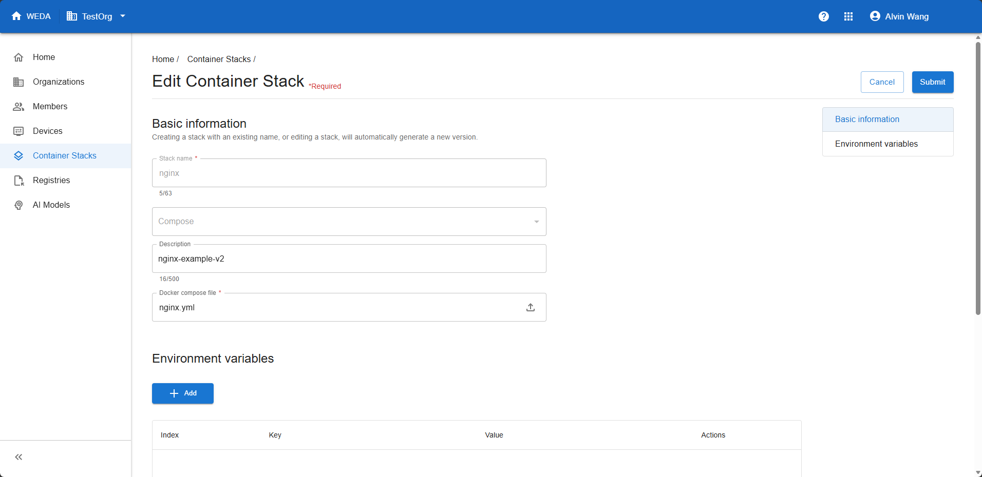 Edit Container Stack for nginx with read-only name and Compose type, description nginx-example-v2 and uploaded nginx.yml.