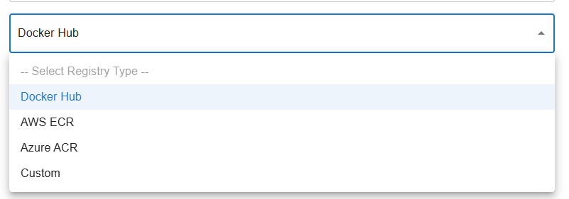 Registry Type options showing Docker Hub, AWS ECR, Azure ACR and Custom.